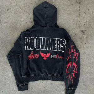 Chất Lượng Cao Thời Trang Phố Màu Đen Dày Đầy Đủ Zip up Tinh Khiết Cotton Axit Rửa Cổ Điển Dày Màn Hình In Quá Khổ Người Đàn Ông Dây Kéo Áo - Product Image 2