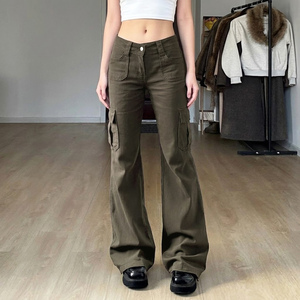 Jeans Rectos de Cintura Baja Estilo Cargo Retro Americano Verde Oliva, Pantalones Largos Casuales de Moda Urbana para Mujer - Product Image 4