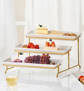 Hot Sale Ceramic 3 Tier Serving Stand With Porcelain Serving Platter Tier Trays With Collapsible Sturdier Rack Gold White Plate