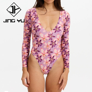 Factory design Hawaiian print deep V UPF50+ protection long-sleeved swimsuit custom recycled nylon one-piece swimwear - Product Image 1