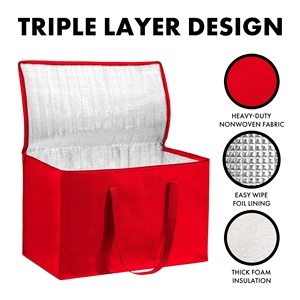 Red Insulated Cooler <b>Bag</b> <b>20L</b> Zipper Closure Non-Woven Fabric Food Storage Handle Top Opening - Product Image 3