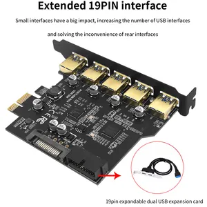 TISHRIC PCIE 1X ke USB 3,2, kartu ekspansi 19Pin 5 Port, antarmuka 19Pin diperpanjang D720201, kartu PCI Hub USB3.0