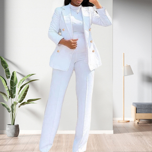 High Quality Solid Button Office Casual Two Piece <b>Blazer</b> and Pants <b>Set</b> Women Eco-Friendly Breathable Polyester Fashion - Product Image 3
