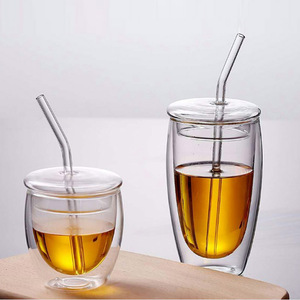 Gobelet en verre à double paroi avec couvercle et paille, vaisselle isolante pour café, thé, jus, cola, usage domestique, couleur unie YH 346 - Product Image 2