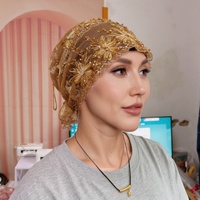 Gorro Turbante de Malla con Encaje Floral y Cuentas para Mujeres Musulmanas, con Lazo Trasero, Múltiples Colores, Elegante Pañuelo para la Cabeza para Uso Diario y Fiestas