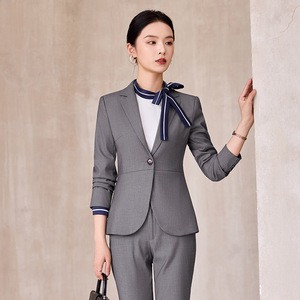 Women's Grey Professional Suit Set Autumn Three Quarter Sleeve Anti-Wrinkle Office Lady <b>Work</b> Uniform - Product Image 3