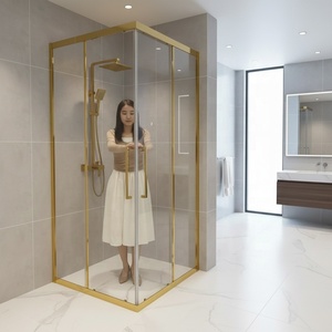 Puertas de <span class=keywords><strong>Ducha</strong></span> de Acero Inoxidable 304, <span class=keywords><strong>Puerta</strong></span> Fija y Corredera Cuadrada, <span class=keywords><strong>Mampara</strong></span> de <span class=keywords><strong>Ducha</strong></span> con Marco Dorado y Vidrio Templado - Product Image 2