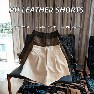 Shorts en cuir PU pour femme à taille élastique avec boutons, coupe large, style pantalon en cuir - Product Image 2