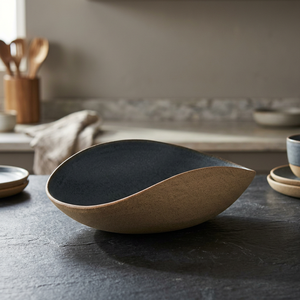 Bol de service en céramique, design minimaliste peint à la main, passe au lave-vaisselle, durable et écoresponsable, intérieur bleu brillant, extérieur beige - Product Image 1
