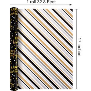 Rollo de Papel de Regalo de Cumpleaños, Negro Metálico Holográfico, Feliz Cumpleaños, Rayas Reversibles, 46.5 Pies Cuadrados, para Manualidades - Product Image 4