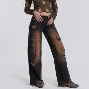 Pantalones vaqueros marrones de cintura baja para mujer, pantalones vaqueros holgados con múltiples bolsillos lavados, pantalones vaqueros de Otoño e Invierno para mujer
