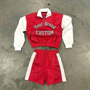 Custom High Quality Nylon <b>Retro</b> Color Block Quarter Zip Applique Mens Windbreaker Jacket Hoodie and Shorts <b>Tracksuit</b> Set - Product Image 2