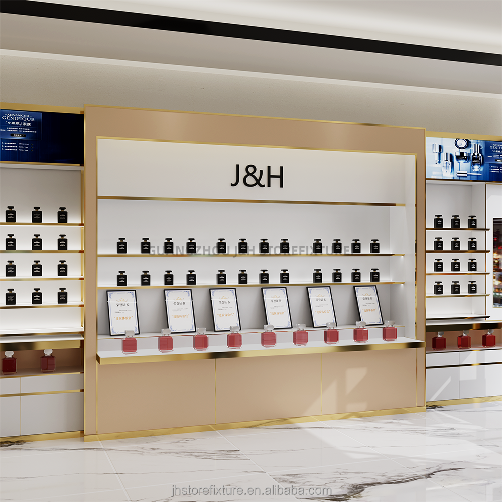 High End Big Perfume Display Shop Wooden Color Interior Design High End  Beauty Shop Customized Golden Perfume Display Fittings