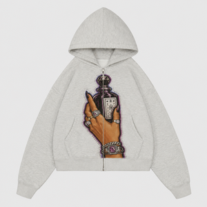 OEM Hoodie Zipper 500Gsm French Terry Vintage Wash Oversized Boxy Rhinestone Patchwork High Quality Custom Logo Men Hoodie - Product Image 1