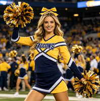 Uniforme de cheerleading jaune et noir style preppy, col en V, manches longues, orné de strass, pour les événements sportifs scolaires et universitaires