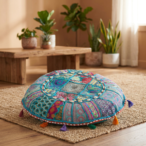Coussin d'oreiller de sol brodé coloré fait à la main en patchwork indien Designer Décoration intérieure et utilisation hospitalière Technique non tissée - Product Image 3
