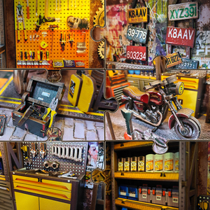 Idée cadeau créative : Maison de poupée en bois sur le thème de l'atelier de réparation automobile, kit miniature lumineux et mobile, jouet éducatif de construction DIY - Product Image 3