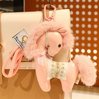 Porte-clés Poney de Luxe en Cuir et Velours, Orange, Blanc, Rouge, Rose, avec Breloque de Sac Poupée, Cheval en Dentelle et Peluche, Cadeau