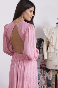 Vestido largo de mujer totalmente adornado con hilos dorados y espalda descubierta, icónico, sexi, con cintura integrada, manga larga - Product Image 5