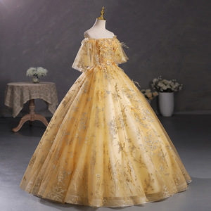 Gold Off-Shoulder Ball Gown Empire Waist Floral Print Embroidered Organza For Students Art Exams Performances Hosting Events - Product Image 2