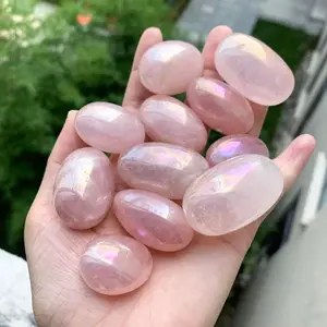 China Supplier New Arrival Aura Rose Quartz Tumbles Pink Crystal Oval Shape Tumbled For Sale