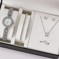 Jam tangan wanita kasual, 6 buah Set mewah cincin kalung anting berlian imitasi mode arloji wanita