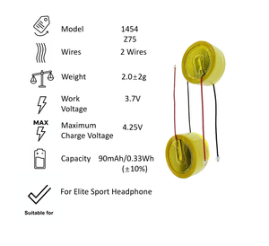 1454-2 Z75-2 Polymeer Lithium Batterij 90Mah 3.7V Lir1454 1454 2 Draden Z75 2 Draden Oplaadbare Batterij Voor Elite Sport Oortelefoon - Product Image 4