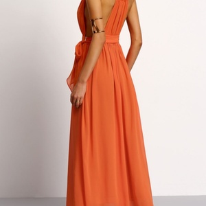Vestido Maxi largo de gasa naranja con escote en V profundo personalizado para mujer - Product Image 4