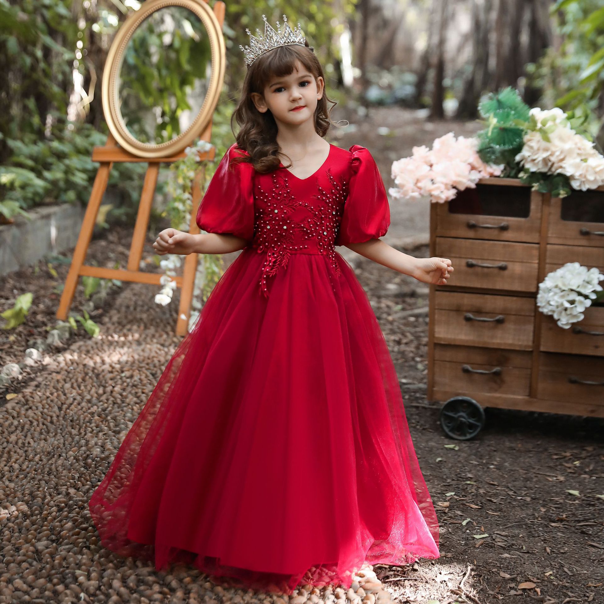 S0539G - Elegant Mesh Long Children's Bubble Sleeve Dresses