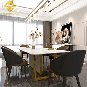 Современный элегантный дизайн, золотая металлическая рама, обеденный стол с мраморной столешницей, 6 стульев для кухонной мебели