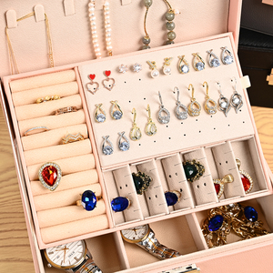 Kotak penyimpan perhiasan beludru 2 lapisan, wadah penyimpanan kulit dengan kunci untuk anting wanita, Kalung Gelang - Product Image 4