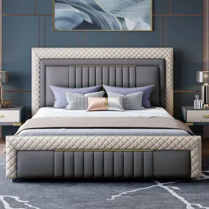 Легкие роскошные кровати для спальни из натуральной кожи с функцией хранения стеганый подголовник кровати