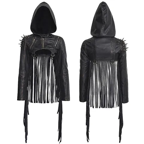 PUNK RAVE Punk Short Jacket Y-667 Tassel Rivets Studded Short Leather Coat with Breathable Hooded Trench Coat