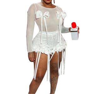 ชุดเซ็ต 2 ชิ้น เสื้อซีทรูลูกไม้แต่งโบว์ 3 มิติสุดเซ็กซี่ พร้อมกางเกงขาสั้นระบายพู่ห้อยเก๋ๆ แฟชั่นสำหรับผู้หญิง - Product Image 2