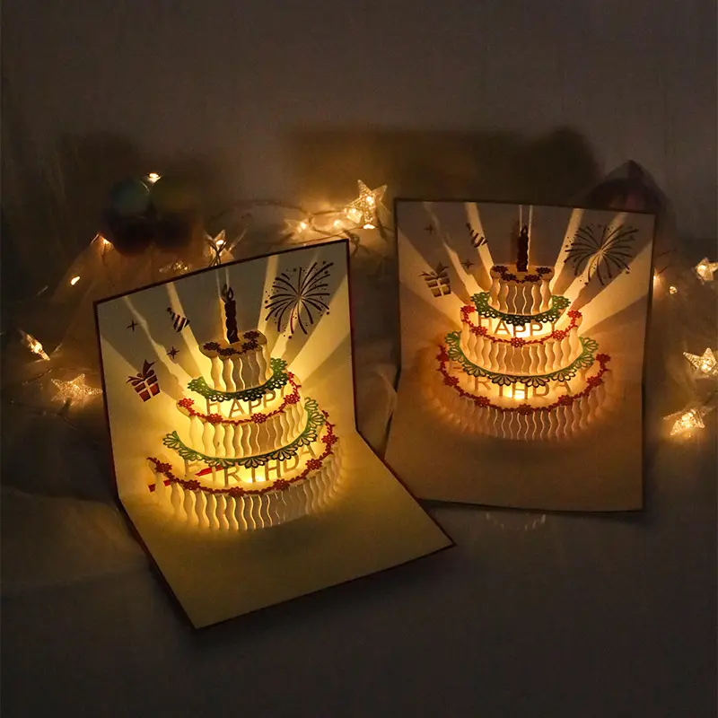 Cartões de aniversário musical de design personalizado, luzes coloridas 3d de inflar, cartão de aniversário pop-up