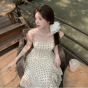 French Polka Dot Sundress Women Summer Ruffled A Line Long Skirt Spaghetti Strap Casual Dress Daily Wear Beach Travel - Product Image 2
