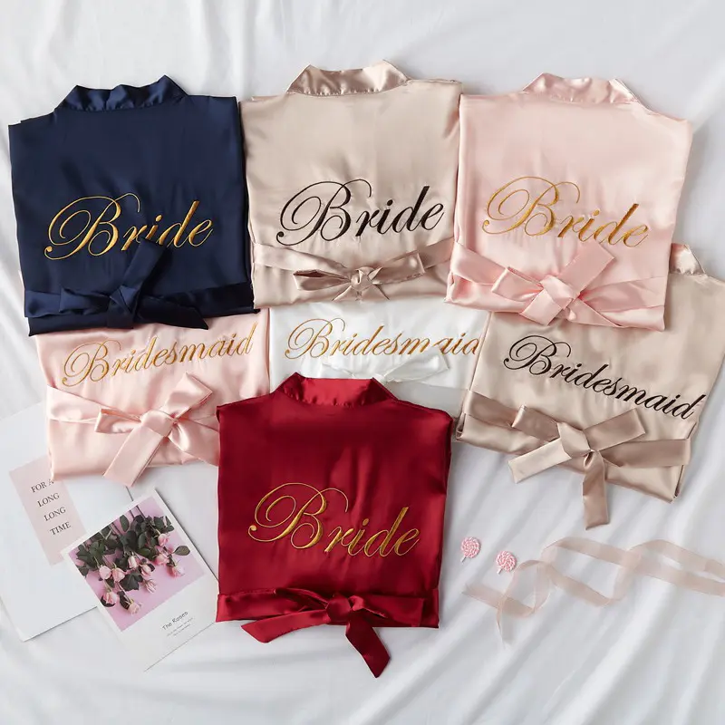 Robes de bordado personalizados, roupões personalizados de seda cetim femininos casamento dama de honra cetim noiva