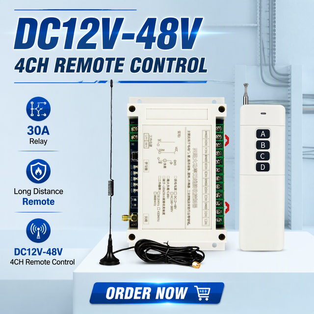 DC12~48V 4 Channels 30A Relay 4 Buttons High Power Long Distance Universal Motor RF Wireless Remote Control Kit