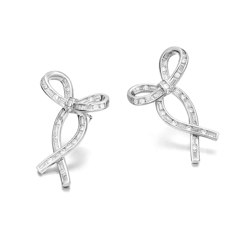 Chic Trendy 5A Zircon Silver Bowknot Needle Earrings Rhodium Plated Bow Earring For Girl