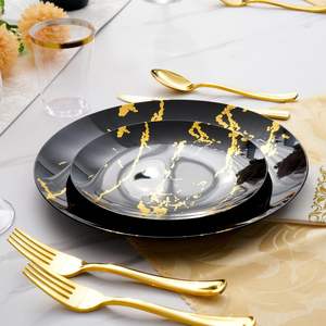 175 ensembles de vaisselle jetables en plastique robuste assiettes blanches avec motif en marbre doré pour les mariages de fête échantillon gratuit - Product Image 4