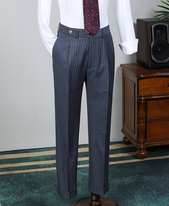 Abito da <span class=keywords><strong>uomo</strong></span> con risvolto a punta in lana classica a righe <span class=keywords><strong>blu</strong></span> <span class=keywords><strong>Navy</strong></span> Casual 2 pezzi doppiopetto - Product Image 5