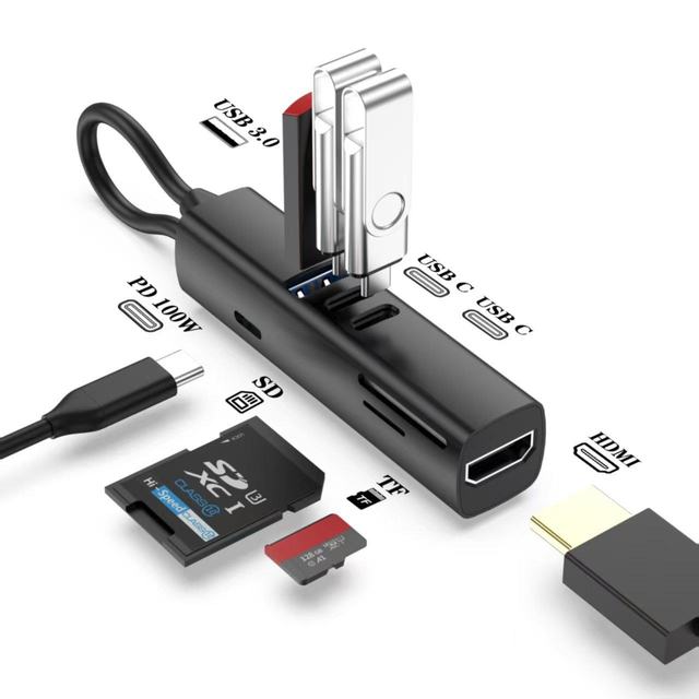 7-in-1 Type C Hub PD 100W Fast Charging 4K HDTV 2.0 Powered USB 3.0 USB 2.0 SD TF Card Reader Multiport Adapter for Mac Book
