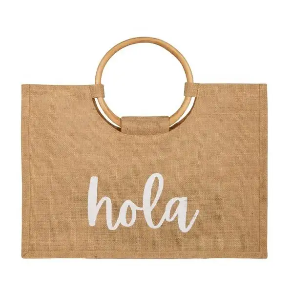 LOW MOQ Plain Hessian Shopper personalizzato stampato rotondo manico in legno Eco Friendly juta Shopping Tote Beach Bag con loghi