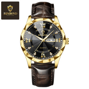 Binbond Men's Quartz Watch Black Dial Gold Case Leather Strap Waterproof Analog Business Casual Watch Model B2521 - Product Image 5