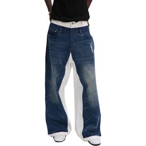 กางเกงยีนส์เดนิมเนื้อหนาคุณภาพสูงแบบขายส่ง ล้างสีซีดจาง ปักโลโก้ตามสั่ง ตะเข็บสีน้ำเงิน ยีนส์สีขาว ทรงหลวม แบบสองชั้น - Product Image 1