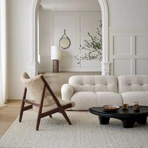 Fauteuil de salon en tricot, couleur crème, en laine d'agneau, fauteuil simple confortable, style rétro français, chaise longue en bois massif - Product Image 4