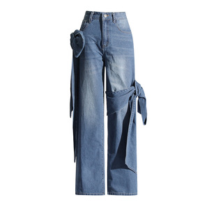 Nouveau Jean <span class=keywords><strong>Femme</strong></span> 2026 Élégant à <span class=keywords><strong>N</strong></span>œud Papillon et Patchwork, Taille Haute, Coupe Droite Ample, Chic, Amincissant et Polyvalent - Product Image 3