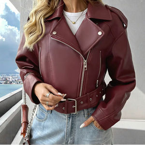 2025 Spring <b>Burgundy</b> Sheepskin Leather Motorbike <b>Jacket</b> for <b>Women</b> Breathable Windproof Cotton Filled Silk Lining Zipper Closure - Product Image 3
