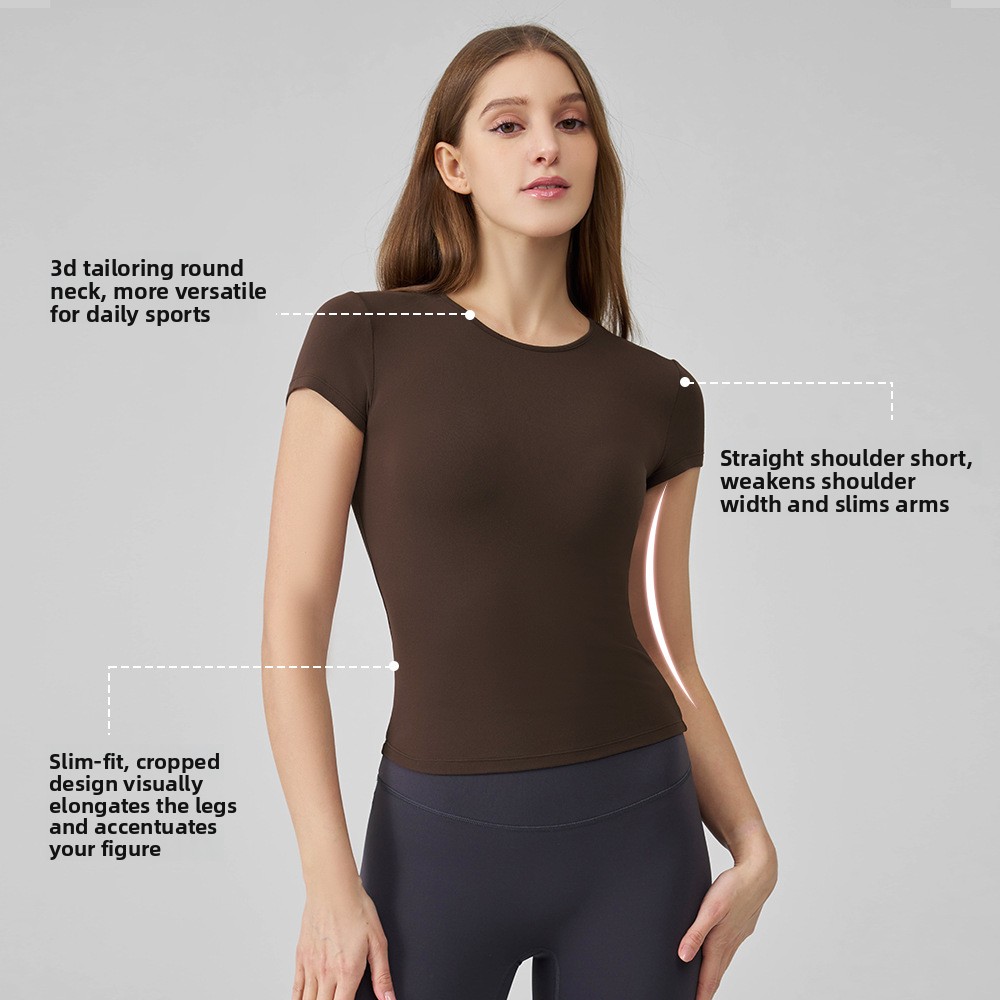 New Naked Yoga Short-sleeved Summer Running Sports T-shirt Tight Waist Slimming High-end Quick-drying Spandex/Nylon Solid