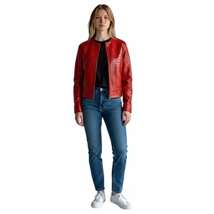 Veste en similicuir rouge pour femme, motif crocodile gaufré, col montant, fermeture éclair, manches longues, printemps, couleurs personnalisées, logo - Product Image 1